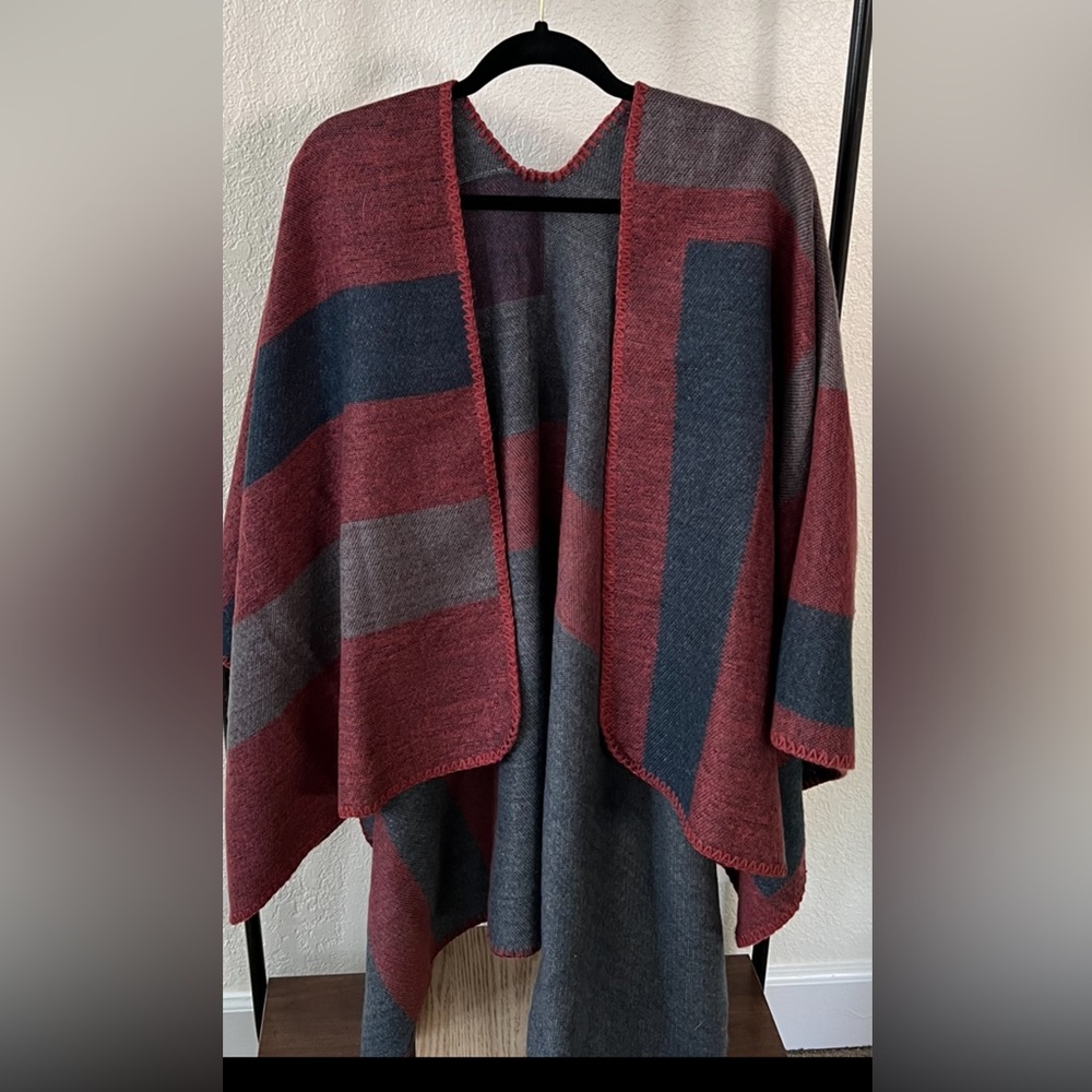 Knit Gray, Maroon and Blue Poncho